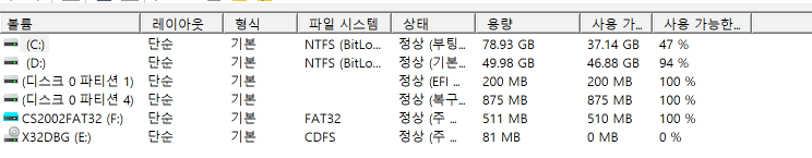 VHD 연결 후 표시된 CS2002FAT32 볼륨
