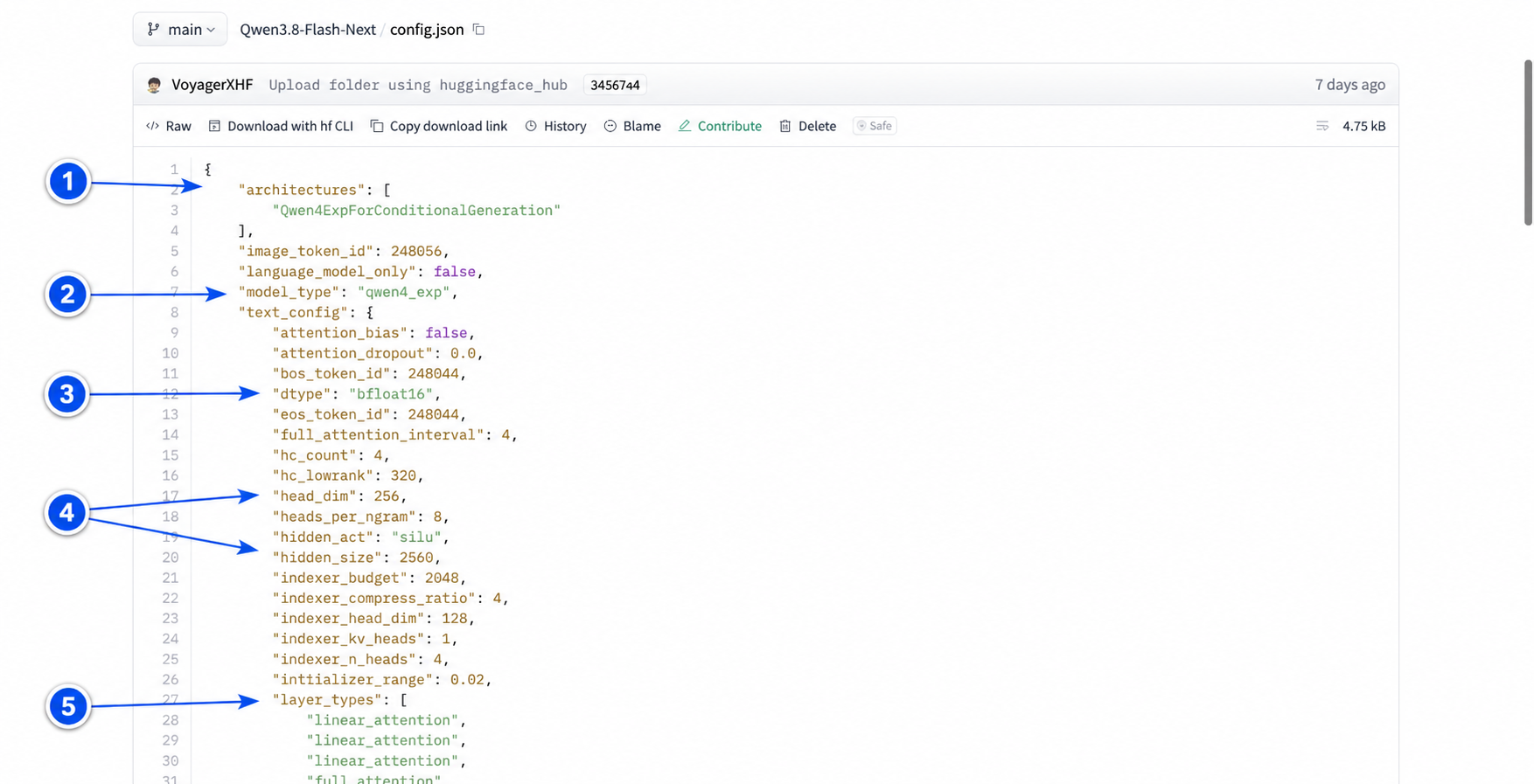 config.json에서 모델 구조와 dtype을 확인하는 위치