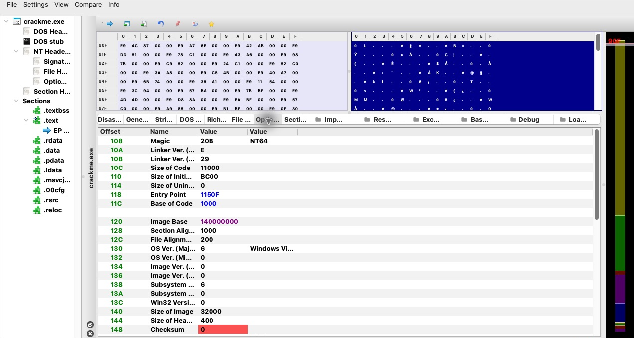 PE-bear Optional Header: Magic 20B, Entry Point 1150F, Image Base 140000000