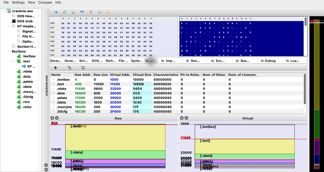 PE-bear Section Headers: 섹션별 Raw Addr., Raw size, Virtual Addr., Virtual Size, Characteristics
